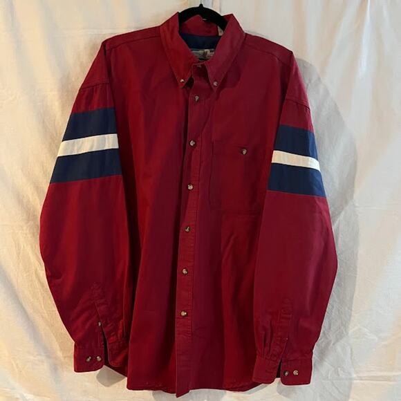 VTG Tidewater Traders Red White Navy Button Down Shirt Size L - Picture 1 of 4